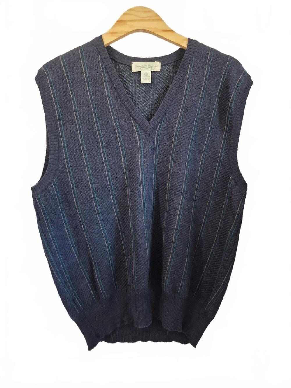 Vintage Tricots St. Raphael Men’s Pure New Wool Striped Sweater Vest Navy Blue